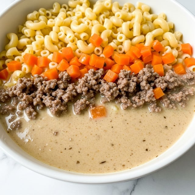 This image shows a close-up of a creamy macaroni dish in a white bowl with a dark rim. The dish has three main layers visible in detail: small elbow macaroni noodles, small pieces of cooked ground beef, and diced carrots. The noodles are pale yellow and soft, covered in a smooth, light creamy sauce that fills the bowl evenly. The ground beef is brown and crumbly, scattered throughout the noodles. Bright orange carrot cubes are mixed evenly, adding color contrast. The bowl rests on a white marbled surface. Photo taken with an iphone --ar 4:5 --v 7