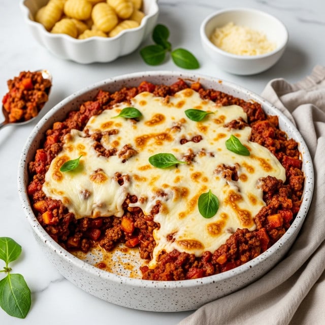 A round speckled white baking dish holds a baked cheesy ground meat and gnocchi casserole. The base layer is a thick mix of browned ground meat and small diced vegetables in a rich red tomato sauce with visible chunks of gnocchi, both golden and slightly browned. A creamy, melted layer of light yellow cheese covers parts of the dish, bubbling and stretchy, dotted with a light sprinkle of grated cheese and a few green herb leaves on top for garnish. Next to the dish, a white fluted bowl contains more of the same gnocchi and meat mixture, and a small white bowl holds a light brown powder. A silver spoon with a scoop of the casserole lies on the white marbled surface, near some green herb leaves scattered around, all set on a white marbled background. photo taken with an iphone --ar 4:5 --v 7