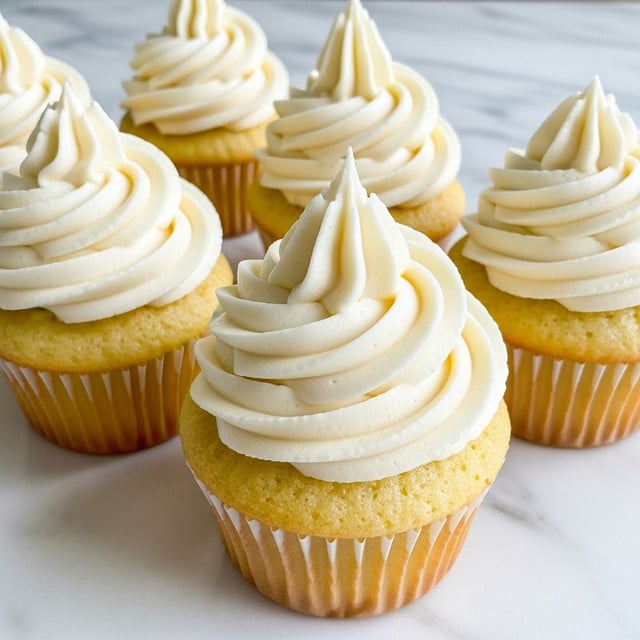 The image shows five vanilla cupcakes arranged closely together on a white marbled surface. Each cupcake has a golden-yellow base with a fluffy texture and is topped with a tall swirl of creamy white frosting that has a smooth, soft appearance. The frosting is piped in a spiral pattern, ending in a small peak at the top. The cupcakes are unwrapped in simple, light brown paper liners. The lighting is bright and natural, highlighting the soft texture of the frosting and the gentle crumb of the cake beneath. Photo taken with an iphone --ar 4:5 --v 7