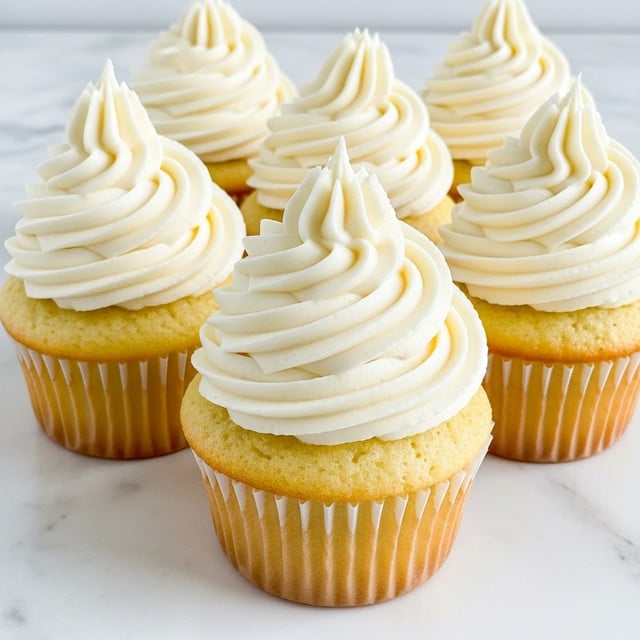 The image shows five yellow cupcakes arranged on a white marbled surface. Each cupcake has two layers: the base is a soft golden-yellow cake with a smooth texture, and the top layer is a generous swirl of creamy white frosting, piped in a spiral with soft peaks. Some small sprinkles lightly dust the frosting, adding a tiny touch of color and texture. The cupcakes are closely placed, with one cupcake slightly in front and the focus, highlighting the creamy frosting details. Photo taken with an iphone --ar 4:5 --v 7