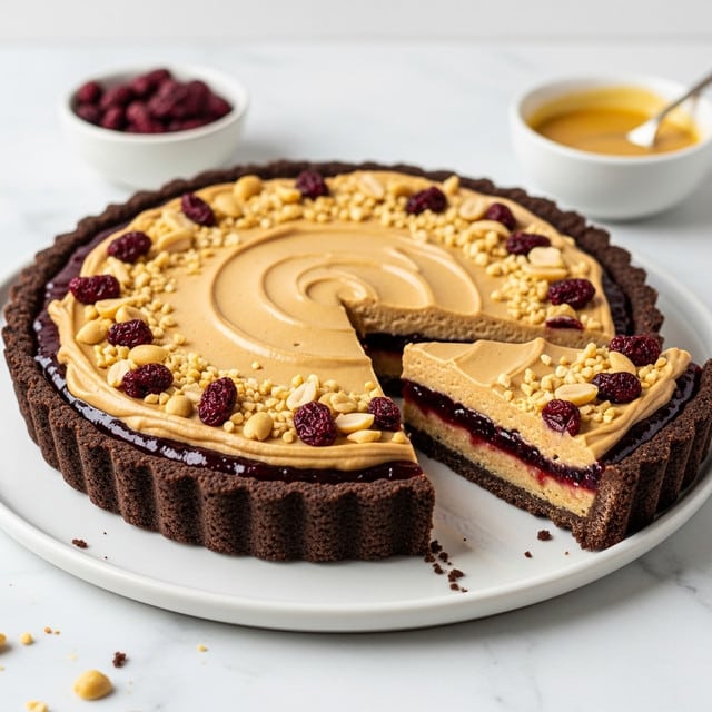 A tart with three visible layers sits on a white plate over a white marbled surface. The bottom layer is a dark brown crust with a scalloped edge. Above it is a thin, glossy dark red layer of jam or jelly. The top layer is thick and creamy beige, smooth with a slight swirl in the center. Crushed nuts and small dried red berries are scattered in a ring around the edge on top of the creamy layer. A slice is cut out and slightly pulled away, showing the clean, even layers inside. In the background, there is a glass jar with a spoon inside, filled with a creamy yellow sauce, and small bowls holding some crushed nuts and dried red berries. photo taken with an iphone --ar 4:5 --v 7