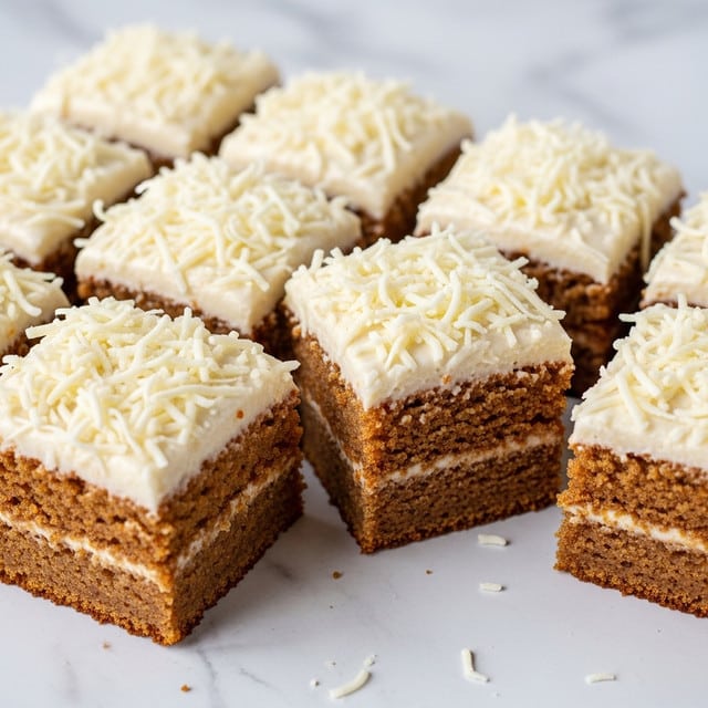 The image shows nine square pieces of carrot cake arranged closely on a white marbled surface. Each piece has two visible layers: a dense, moist, brown-orange cake base and a thick, creamy, pale off-white frosting layer on top. The frosting is covered with shredded white cheese, adding a finely textured topping. The cake layers look soft and crumbly, contrasting with the smooth frosting and delicate cheese strands. One central piece is slightly lifted, showing clearly the brown-orange cake beneath the frosting and cheese. photo taken with an iphone --ar 4:5 --v 7