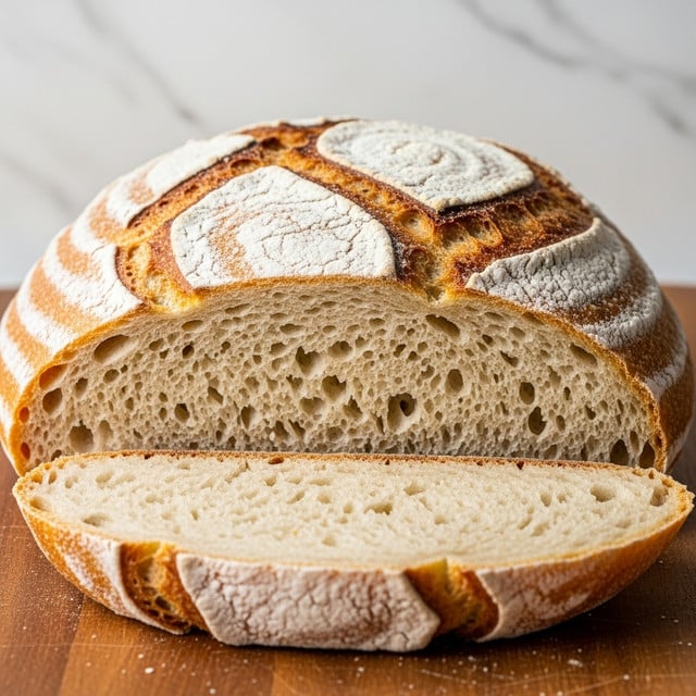 A close-up view of a round loaf of bread cut in half, showing its soft, airy inside with a light cream color and an open crumb texture. The outside crust is golden brown with a rough, slightly cracked surface dusted with white flour patterns. The bread rests on a light wooden surface, set against a white marbled textured background. photo taken with an iphone --ar 4:5 --v 7