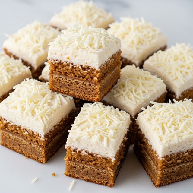 The image shows square pieces of cake arranged in neat rows on a white marbled surface. Each cake piece has two layers: the bottom layer is a moist, medium-brown cake with a slightly crumbly texture, and the top layer is a thick, creamy white frosting that looks smooth and soft. The frosting is topped with a generous sprinkle of thin white shredded coconut strands, adding a textured look to the top. One piece in the center is slightly separated, showing a clear view of the two layers. The lighting highlights the moistness of the cake and the softness of the frosting, making the dessert look fresh and inviting. photo taken with an iphone --ar 4:5 --v 7