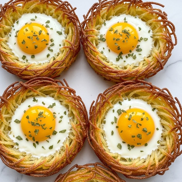 The image shows four crispy potato nests, each with a golden-brown crunchy texture on the outside and tender shredded potatoes inside, shaped like small bowls. Sitting perfectly in the center of each nest is a bright sunny-side-up egg with a shiny yellow yolk and slightly firm white edges. A few small green herb pieces are sprinkled on top of the eggs, adding a touch of color. The nests rest on a white marbled surface. photo taken with an iphone --ar 4:5 --v 7