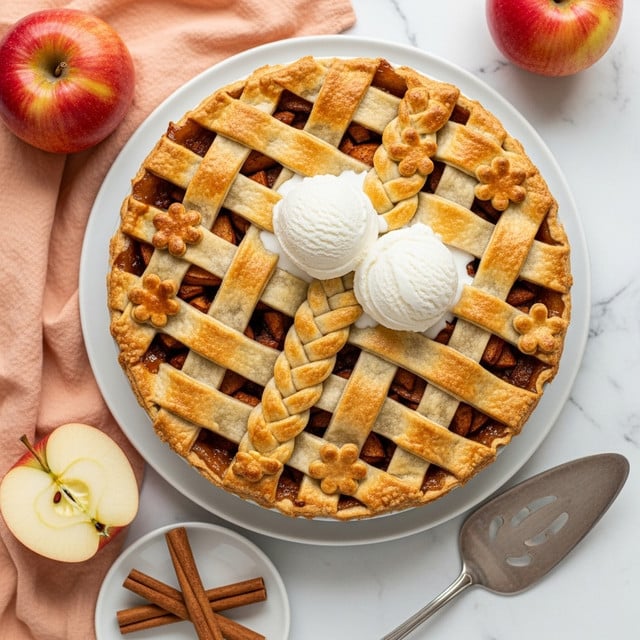 A round apple pie with a golden-brown lattice crust sits on a white plate, with a thicker braided crust running vertically through the center and small flower-shaped crust pieces decorating the edges. The pie filling inside the lattice is a warm, dark brown. On top of the lattice are two white scoops of vanilla ice cream melting slightly with a drizzling glaze. The pie is placed on a white marbled surface with three red and green apples nearby, some apple slices, a small decorative white plate holding three cinnamon sticks, and a metal pie server partially wrapped in a soft peach cloth. Photo taken with an iphone --ar 4:5 --v 7