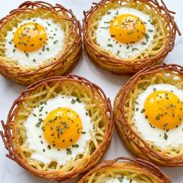 The image shows four crispy potato nests, each holding a sunny-side-up egg in the center. The potato nests are golden brown with a crunchy texture, looking like thin fried potato sticks woven into a nest shape. The eggs have bright yellow yolks that are slightly runny, sitting atop the white cooked egg whites, which fill the nests perfectly. Small green herb flakes are sprinkled on top of the eggs for a fresh touch. The nests are arranged closely together on a white marbled surface. photo taken with an iphone --ar 4:5 --v 7
