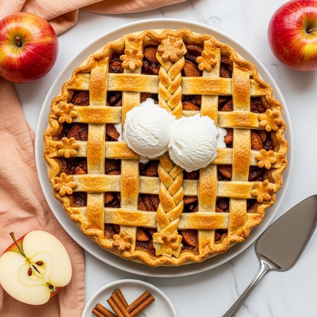 A round apple pie with a golden-brown lattice crust topped with two scoops of white ice cream sits on a white plate. The lattice crust is made of thick strips of dough woven together, with a braided strip running vertically near the center and small flower shapes decorating the edge, all baked to a light golden color. The filling visible through the lattice is deep brown, showing cooked apple pieces. Around the pie, there are two red apples, one partially sliced, and cinnamon sticks placed near the bottom on a small white dish. The entire scene is set on a white marbled surface with a peach cloth and a silver pie server nearby. Photo taken with an iphone --ar 4:5 --v 7