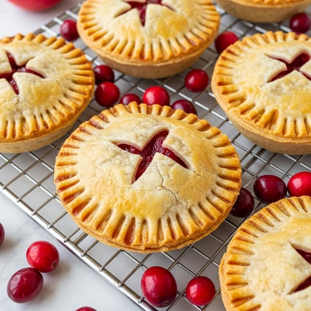 The image shows several small golden brown hand pies with crimped edges placed close together on a metal cooling rack. Each hand pie has a slightly shiny, textured crust with small slits on top revealing a bright red filling inside. Bright red whole cranberries are scattered among the pies, adding contrast to the warm tones of the crust. The setting has a white marbled texture surface that softly reflects light. Photo taken with an iphone --ar 4:5 --v 7