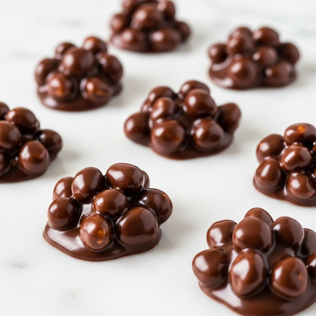 A collection of irregularly shaped chocolate clusters scattered on a white marbled surface, each piece covered in a smooth, shiny dark brown chocolate coating with small bumps and lumps suggesting nuts or other ingredients inside. The clusters vary slightly in size and shape, showing glossy highlights that reflect light, emphasizing their rich texture and thickness of the chocolate coating. The background contrasts softly with the dark chocolate, making the clusters stand out clearly. photo taken with an iphone --ar 4:5 --v 7