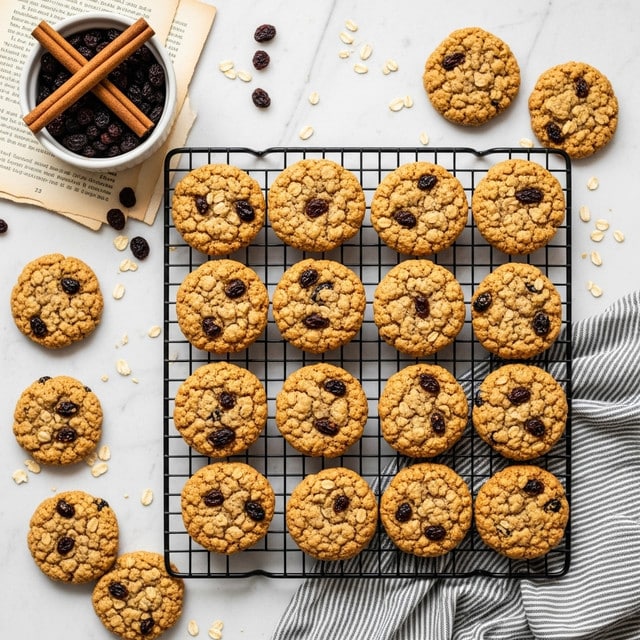 The image shows a black wire cooling rack filled with round oatmeal cookies that have a golden-brown color and visible dark raisins scattered throughout. Some cookies sit on the white marbled surface around the rack. To the top left, there is a white bowl filled with dark raisins and two cinnamon sticks resting inside. Beneath the bowl, there are some old book pages partially visible. A gray and white striped cloth is draped at the bottom right corner of the scene, adding a cozy touch. A few oatmeal flakes are sprinkled around the cookies and on the surface. photo taken with an iphone --ar 4:5 --v 7