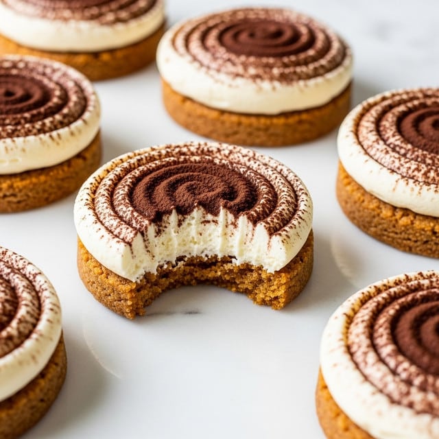 The image shows five round cookies laid out on a white marbled surface. Each cookie has two layers: the bottom layer is a thick, golden-brown cookie base with a crunchy texture, while the top layer is a thick swirl of white cream dusted with dark brown cocoa powder in a spiral pattern. The cookie in the center has a bite taken out of it, revealing the soft cream layer on top and the crumbly cookie base below. The scene is close-up and focused, highlighting the texture and color contrast of each cookie. photo taken with an iphone --ar 4:5 --v 7