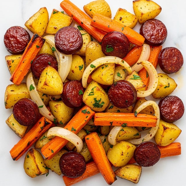 This close-up image shows a colorful mix of roasted food with about four kinds of chunks. Yellowish golden-brown potato pieces with a crispy outside make up the biggest part. Bright orange carrot pieces, cut into short sticks, are spread evenly throughout. Dark reddish-brown, round sausage slices with a glossy surface are mixed in, showing a slightly charred texture. Light, translucent layers of cooked onion pieces add a soft contrast among the denser chunks. Small bits of green herbs are sprinkled on top for a fresh look. The food is set against a white marbled texture background, creating a warm and appetizing view. Photo taken with an iphone --ar 4:5 --v 7