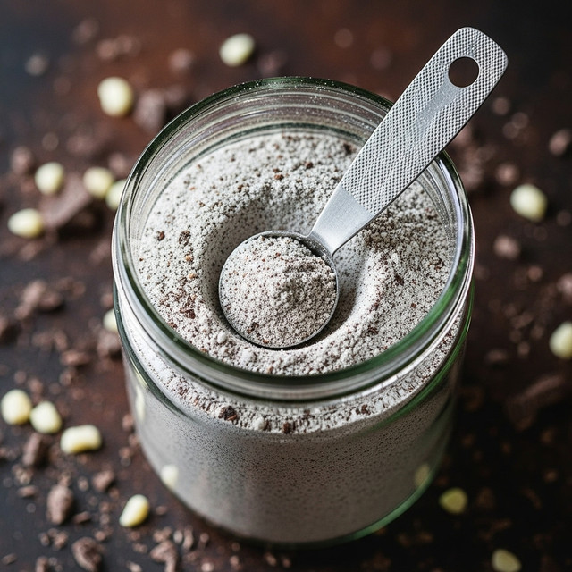 A clear glass jar filled almost to the top with a light gray powder that has tiny dark specks mixed throughout. Inside the jar, a small metal measuring spoon with a textured handle is partially buried in the powder, with the spoon's bowl filled and resting on the surface. The jar sits on a dark brown surface with scattered small pieces of chopped chocolate or similar dark and white bits around it, creating a rustic look. The background is softly blurred, drawing attention to the jar and its contents. photo taken with an iphone --ar 4:5 --v 7