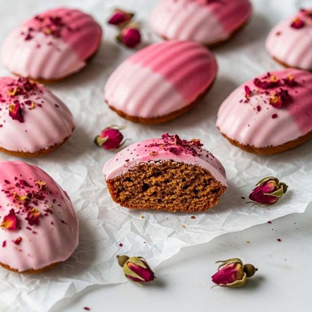 The image shows several madeleine cookies with a golden brown base and a smooth, pale pink icing covering the top side, fading slightly to a lighter shade toward the center. Some icing surfaces have small dried rose petals sprinkled on them, adding a textured pink and red detail. One madeleine is turned on its side, revealing the contrast between the brown cake side and the glossy icing edge. The cookies are placed on crumpled white parchment, scattered with small dried rose buds and petals, all set on a white marbled surface. photo taken with an iphone --ar 4:5 --v 7