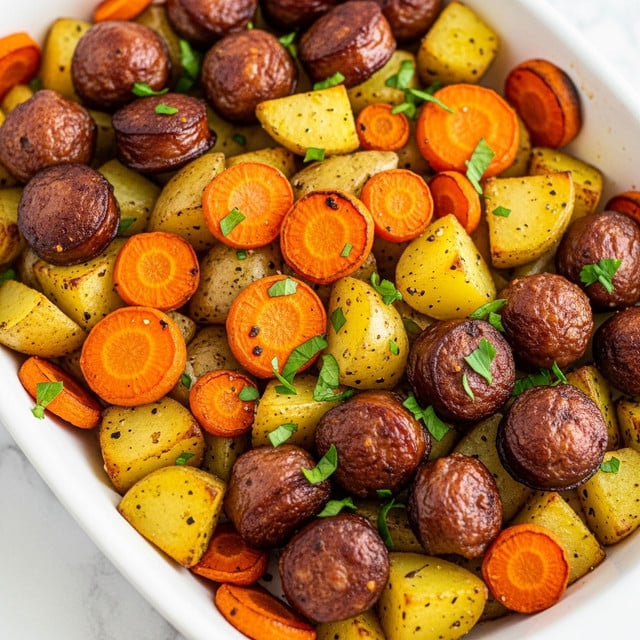 This image shows a close-up view of a cooked dish made of three main layers mixed together. The bottom and middle layers are chunks of golden-yellow roasted potatoes with a slightly crispy texture and some black pepper seasoning. Throughout these potato pieces, there are slices of bright orange roasted carrots evenly spread, showing a soft texture with light charring spots. The top layer consists of browned sausage pieces that look juicy with a slightly crispy outer skin. Small bits of green herbs are scattered on top, adding contrast and a fresh touch. All the ingredients sit in a white dish on a white marbled surface. Photo taken with an iphone --ar 4:5 --v 7