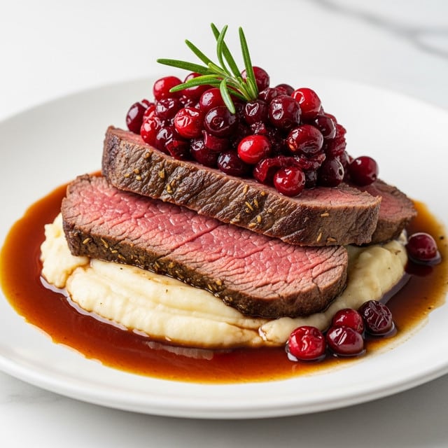 The image shows three slices of cooked beef stacked on a white plate, with the meat having a brown crust and a tender, pink interior. On top of the beef is a thick layer of bright red cooked cranberries, which look juicy and glossy. A sprig of fresh green rosemary is placed on top of the cranberries, adding a touch of vibrant color and texture. Underneath the beef is a creamy, smooth layer of mashed potatoes that acts as a base. Around the plate edges, there is a dark brown sauce that looks thick and shiny. The plate sits on a white marbled surface. photo taken with an iphone --ar 4:5 --v 7