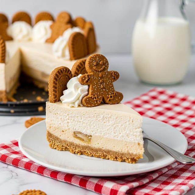 A white plate holds a slice of creamy cheesecake with a thick, smooth ivory filling resting on a golden brown crumbly crust. The crust edges rise slightly around the slice, decorated with small gingerbread cookies shaped like flowers with sugar crystals. On top of the cheesecake, there is a dollop of white whipped cream topped with one of the cookies. The plate is on a red and white checkered cloth, lying on a white marbled surface. In the background, a clear glass jug filled with milk is slightly blurred, adding a soft contrast to the scene. photo taken with an iphone --ar 4:5 --v 7