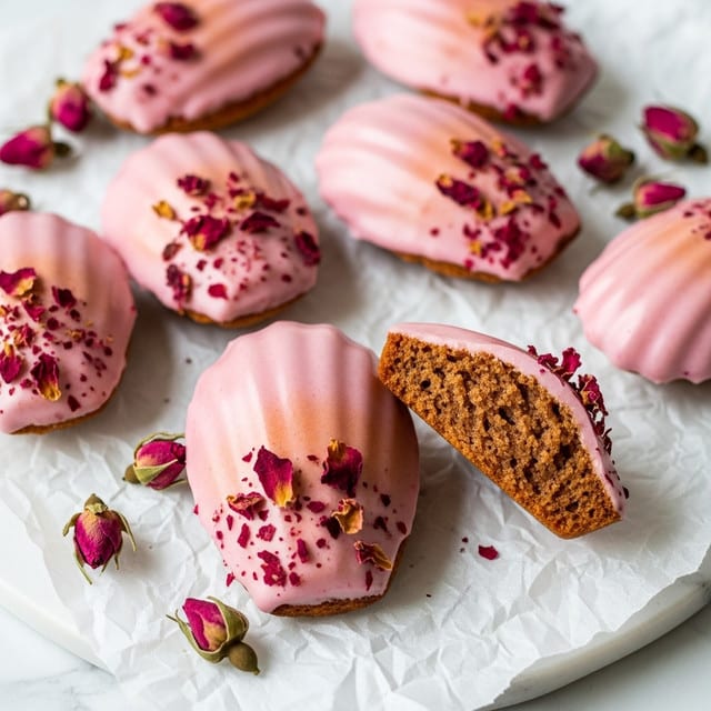 The image shows madeleine cookies with a light pink glaze covering the top side, sprinkled with small dried rose petals that add spots of deep pink and red. The cookies have a soft golden-brown base and ridged shell shape visible on the underside of some. They are arranged on crumpled white paper over a white marbled surface. Some whole dried rosebuds are scattered around the cookies, adding extra detail and color contrast. The texture of the glaze is smooth and slightly glossy, while the cookie base looks soft but firm. photo taken with an iphone --ar 4:5 --v 7