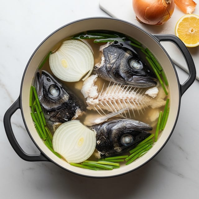 A white pot with black handles holds a clear light brown broth with visible fish parts: two whole fish heads with clear eyes floating near the surface and a white fish skeleton positioned diagonally inside the pot. Thin white slices, likely onion, are scattered inside along with green sprigs of herbs. The pot rests on a white marbled surface, with a wooden board on the right holding a halved lemon and a brown onion with papery skin. There are small green leaves near the cutting board. The overall scene is bright with natural light. photo taken with an iphone --ar 4:5 --v 7