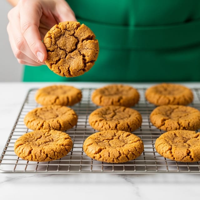 A woman's hand is holding a single round, crunchy textured cookie with a golden-brown color, showing small cracks on its surface. Below the hand, several similar cookies rest on a cooling rack with thin horizontal and vertical wires. The setting includes a white marbled surface beneath the rack and a person dressed in a solid green apron or shirt in the blurred background. photo taken with an iphone --ar 4:5 --v 7