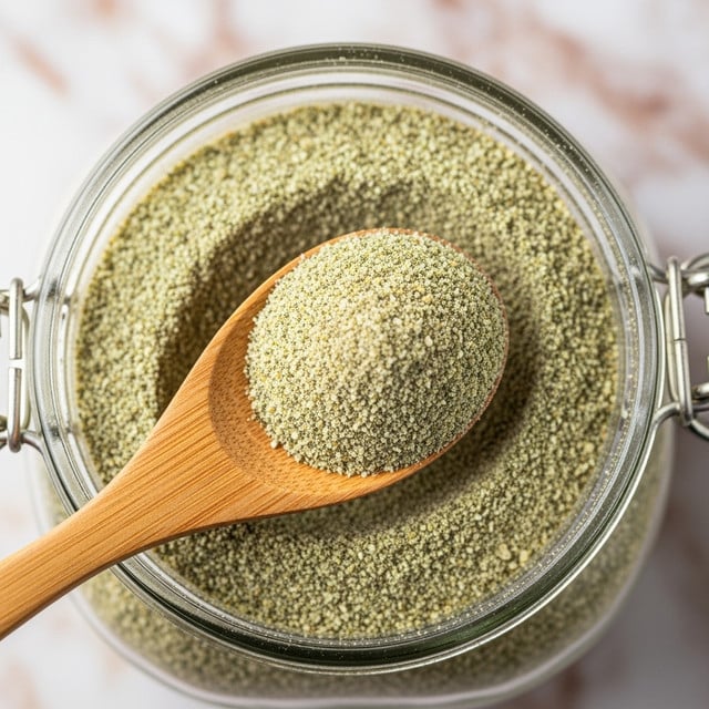 A close-up view of a glass jar filled with a greenish-gray fine powder, slightly uneven on top. A light brown wooden spoon is dipped into the powder, holding a rounded scoop. The jar has metal clasps, and the background shows soft blurred shapes on a white marbled texture. photo taken with an iphone --ar 4:5 --v 7