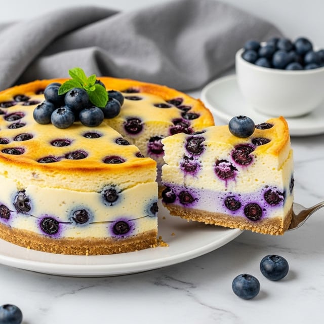 A blueberry cheesecake with three clear layers sits on a white plate; the bottom layer is a thin, light brown crust, the thick middle layer is creamy and pale yellow, mixed with whole blueberries inside, and the top layer is golden with more blueberries baked in, appearing slightly melted and juicy. A slice is lifted, showing the creamy texture inside studded with blueberries. The cheesecake is garnished with fresh blueberries and a small green herb on top, all on a white marbled surface with a cup of blueberries and a gray cloth nearby. photo taken with an iphone --ar 4:5 --v 7