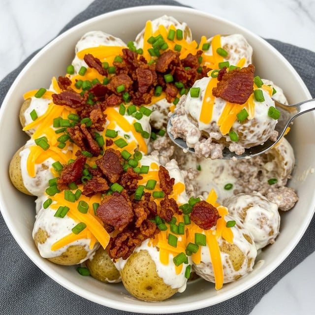 A white bowl filled with small baby potatoes covered in a creamy white dressing, sprinkled with bright orange shredded cheddar cheese and chopped green chives. There are crumbled bits of cooked bacon and ground meat scattered evenly on top, adding a reddish-brown texture. A spoon is lifting a scoop from the bowl, holding one whole potato coated with the creamy dressing and topped with cheese, bacon, and chives. The bowl sits on a gray cloth over a white marbled surface. photo taken with an iphone --ar 4:5 --v 7