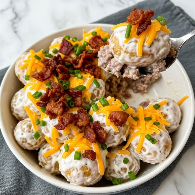 A white bowl filled with halved small yellow potatoes covered in a creamy white sauce mixed evenly throughout, topped with bright orange shredded cheddar cheese scattered on top, crispy small pieces of browned bacon, finely chopped fresh green chives spread over the whole dish, and small crumbled browned sausage pieces layered on top; a spoon lifts a portion showing a potato half on it with cream sauce, cheese, chives, bacon, and sausage; the bowl sits on a grey cloth over a white marbled surface. photo taken with an iphone --ar 4:5 --v 7