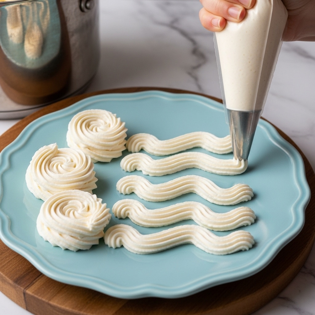 A light green scalloped plate holds five small swirls of pale yellow buttercream, each piped in different shapes: two tight rosettes with distinct ridges, two elongated wave-like patterns with soft curves, and one smaller, round rosette. A clear piping bag with a silver star tip is shown at the top right, squeezing out more of the smooth, creamy buttercream. The plate rests on a light wooden surface with a white marbled texture underneath. photo taken with an iphone --ar 4:5 --v 7