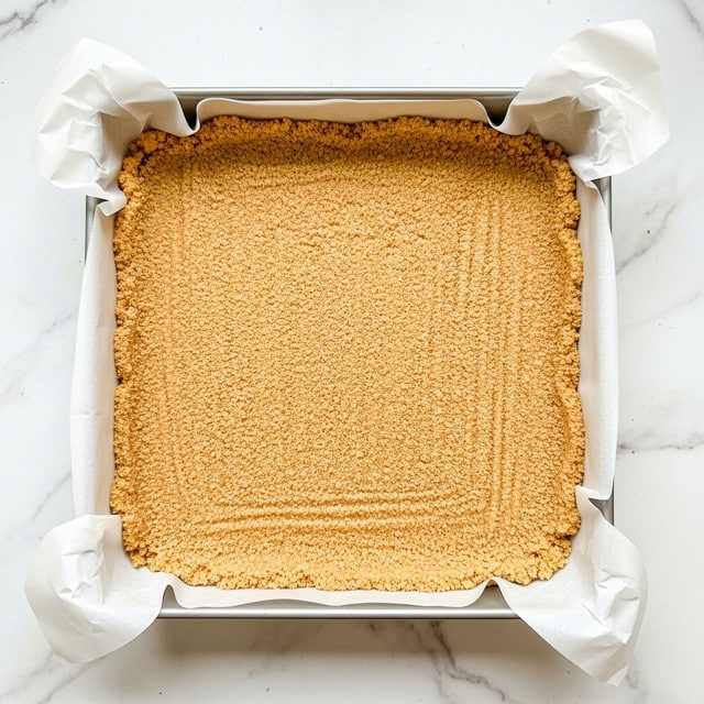 The image shows a square baking pan lined with white parchment paper filled with an even, flat layer of light brown, finely crushed crumbs. The crumbs have a slightly grainy texture that covers the entire bottom of the pan, creating a uniform base layer. The pan is set on a white marbled surface. Photo taken with an iphone --ar 4:5 --v 7