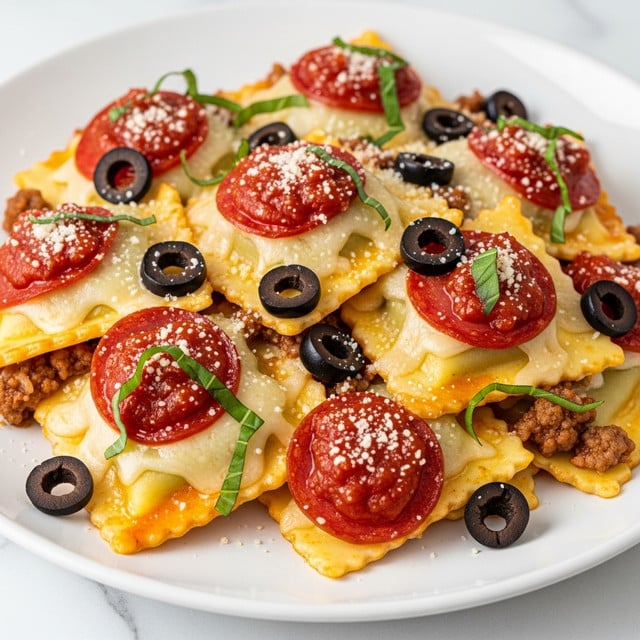 A white plate is filled with layers of ravioli pasta with a slightly golden hue, topped evenly with browned ground meat and bright red pepperoni slices. A layer of shiny, melted cheese covers the ravioli, with dollops of chunky red tomato sauce scattered on top. Black olive slices and thin strips of fresh green basil are sprinkled over the whole dish, adding color and texture, while a light dusting of grated white cheese completes the look. The plate sits on a white marbled surface. photo taken with an iphone --ar 4:5 --v 7