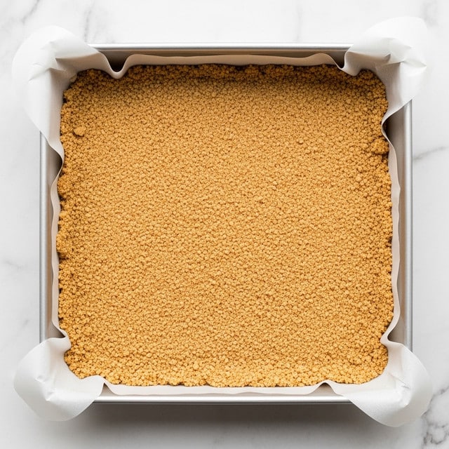 A gray square baking pan lined with white parchment paper shows a single, even layer of finely crushed light golden biscuit crumbs pressed flat to form a base crust. The pan is placed on a white marbled surface, and the crumbs have a slightly rough texture with small granules visible. The edges of the parchment paper rise slightly above the crumbs, framing the base inside the pan. Photo taken with an iphone --ar 4:5 --v 7