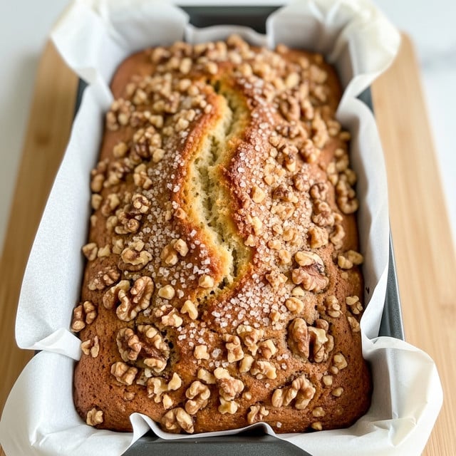 A rectangular loaf of golden brown banana bread is shown in a metal baking pan lined with white parchment paper that slightly folds over the edges. The bread has a cracked textured top sprinkled generously with chopped walnuts and coarse sugar crystals, giving it a crunchy look. It is placed on a light wood surface with warm natural light highlighting the crisp top layer and soft inside edges. photo taken with an iphone --ar 4:5 --v 7