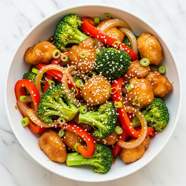 A white bowl filled with a colorful stir-fry shows several layers: at the bottom is a rich brown sauce, topped with cooked chicken pieces that are golden brown with a slightly crispy texture, bright green broccoli florets, thin slices of red bell pepper, and translucent cooked onions. All ingredients are mixed well and sprinkled with small white sesame seeds and chopped green onions that add a fresh pop of color. The bowl sits on a white marbled surface. photo taken with an iphone --ar 4:5 --v 7