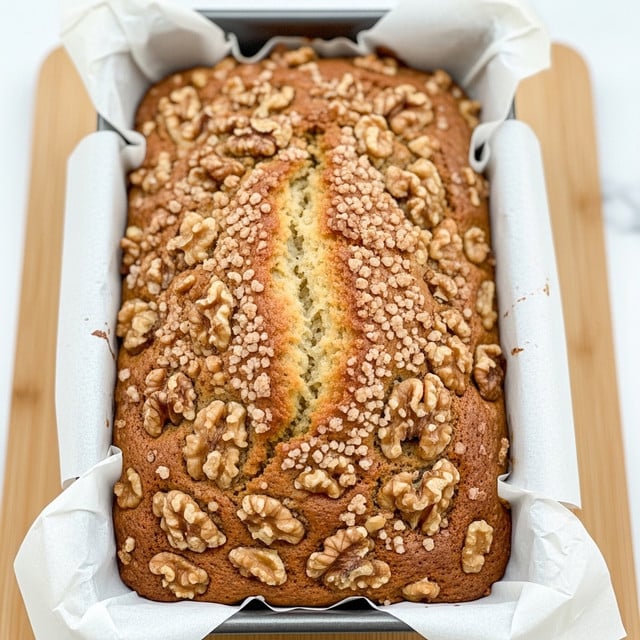 A freshly baked loaf of golden-brown banana bread in a rectangular pan lined with white parchment paper on both long sides. The top layer is sprinkled with large, rough walnut pieces and coarse sugar, creating a crunchy and textured surface with a mix of light tan and deeper brown colors. The bread's crust has an uneven, homemade look with soft cracks. The pan is placed on a pale wooden board. photo taken with an iphone --ar 4:5 --v 7