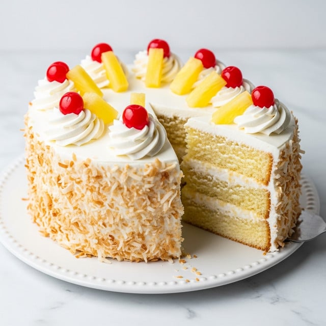 A small, round coconut cake is shown with one slice removed, revealing two layers of pale yellow moist cake with a thick white creamy filling in the middle. The outside is fully covered with fluffy white frosting and toasted coconut flakes. On top, five bright yellow pineapple slices and five shiny red cherries are placed evenly around the edge, sitting on dollops of whipped cream. The cake sits on a white plate with a textured rim, all set on a white marbled surface. photo taken with an iphone --ar 4:5 --v 7