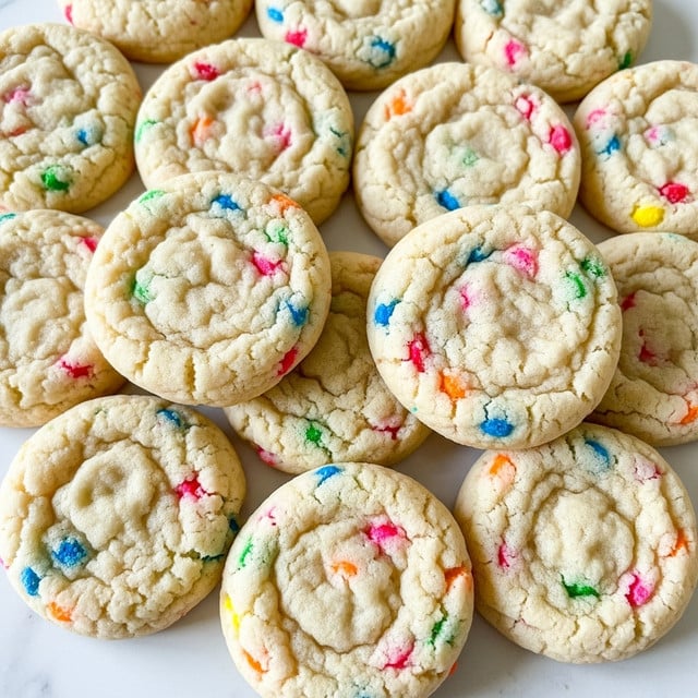 A close-up view of many small, round sugar cookies with a soft, slightly crinkled texture. Each cookie is pale beige with colorful sprinkles embedded throughout, including red, blue, green, pink, orange, and yellow. The cookies are stacked closely together, filling the entire frame with no visible plate, on a white marbled surface. The overall look is soft and festive with a playful mix of bright specks in the light cookie base. Photo taken with an iphone --ar 4:5 --v 7