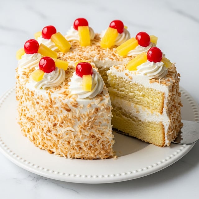 A small layered cake on a white plate with a textured rim, placed on a white marbled surface. The cake has two yellow sponge layers filled with white cream in the middle. The outside is covered with white whipped cream and toasted coconut flakes. On top, there are pineapple slices arranged in a circle along with bright red cherries placed on white whipped cream dollops between the pineapple pieces. One slice of the cake is cut out, showing the soft, fluffy inside. Photo taken with an iphone --ar 4:5 --v 7