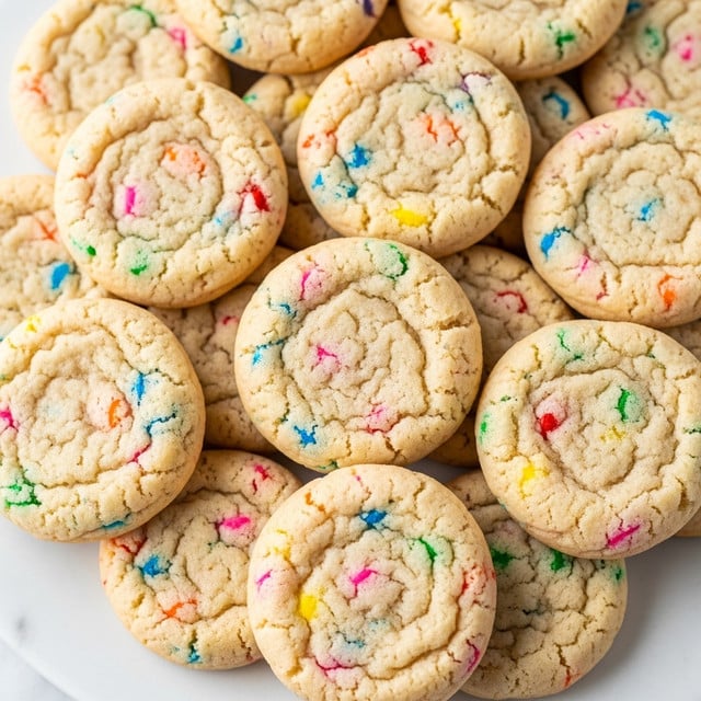 A close-up view of many small, round cookies piled together, each cookie showing a light golden color with a soft, slightly cracked texture. The cookies are speckled with colorful sprinkles in red, blue, green, pink, orange, and white, evenly spread across the surface. The background is a white marbled texture that contrasts softly with the cookies, making the colors stand out clearly. photo taken with an iphone --ar 4:5 --v 7