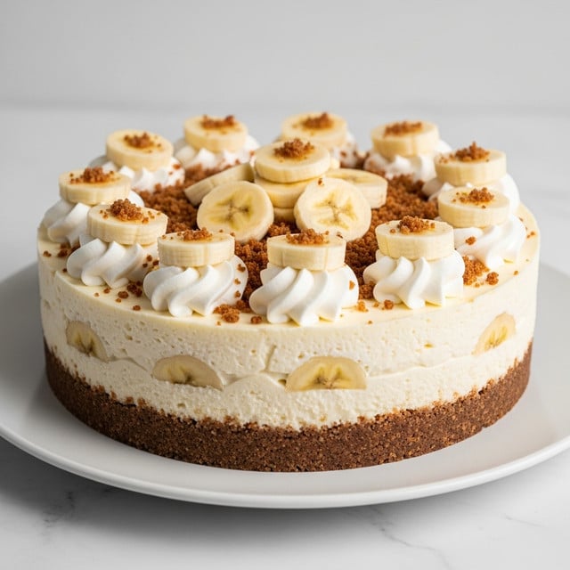 A three-layered cheesecake is shown on a white plate on a white marbled surface. The bottom layer is a crumbly brown crust made from crushed biscuits. The middle layer is thick, smooth, and creamy off-white cheesecake filling. The top layer is decorated with several swirls of white whipped cream evenly spaced around the edge. Between the swirls are slices of yellow banana arranged in a circle. The center is filled with more crushed brown crumbs and extra banana slices. photo taken with an iphone --ar 4:5 --v 7