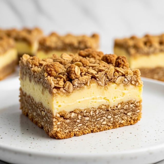 A close-up image of a square dessert bar with three clear layers on a white plate set on a white marbled surface. The bottom layer is a firm, crumbly oat base with a golden-brown color. The middle layer is a smooth, glossy lemon-yellow custard that looks creamy and soft. The top layer is a crumbly oat topping with a light golden color, textured with visible oats and small clumps. The whole dessert looks thick and moist with a slight shine on the custard. Photo taken with an iphone --ar 4:5 --v 7