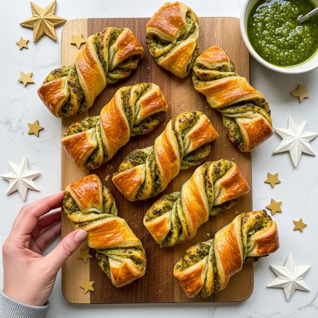 The image shows seven golden-brown twisted pastries with layers of flaky dough and green pesto filling visible between the folds, arranged on a wooden cutting board. Each pastry has a shiny, slightly crisp top with a mix of light and darker brown patches from baking. Around the pastries, there are golden and white star-shaped decorations scattered on a white marbled surface. A bowl filled with green pesto sauce sits in the upper right corner. A woman's hand is reaching from the bottom left, picking up one pastry from the board. Photo taken with an iphone --ar 4:5 --v 7