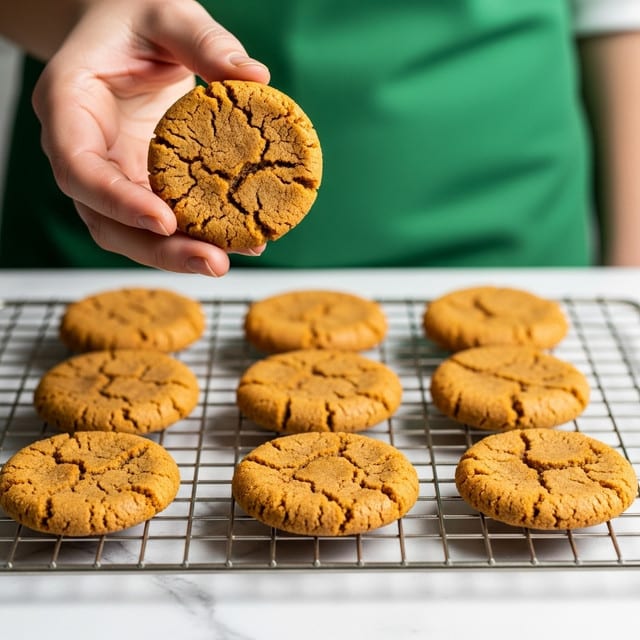 A close-up image shows a woman’s hand holding a round, golden-brown cookie with a slightly rough, crumbly texture. Below, several similar cookies are cooling on a metal wire rack set on a white marbled surface. The background shows a green fabric, possibly an apron. The cookies are flat and have small cracks on their surface, indicating a crunchy texture. photo taken with an iphone --ar 4:5 --v 7