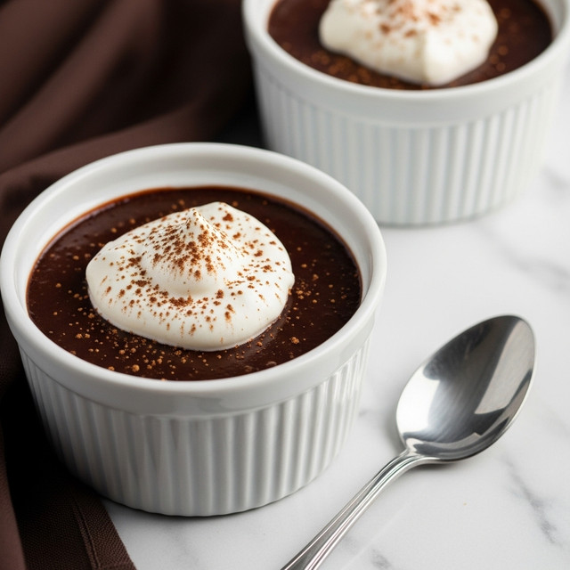 Two small white ceramic bowls each hold a rich, smooth dark chocolate pudding with a glossy surface. On top of each pudding is a dollop of fluffy white whipped cream, sprinkled lightly with fine cinnamon powder. The bowls sit on a brown textured surface beside a white marbled background, with a plain silver spoon placed nearby. A dark brown cloth is partially visible under one bowl. photo taken with an iphone --ar 4:5 --v 7