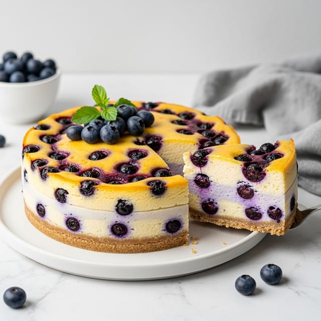 A round blueberry cheesecake with a golden brown crust at the bottom and sides that look a bit wrinkled. The main middle layer is creamy white with whole blueberries mixed inside and some slightly sinking into the cheesecake. The top is pale yellow with many baked blueberries scattered across, some slightly sunken, and fresh blueberries with a small green leaf decoration in the center. One slice is lifted to show the smooth thick texture inside, with blueberries visible throughout. The cake sits on a white plate placed on a white marbled surface with a small cup of blueberries in the background and a few blueberries on a striped cloth in the foreground. Photo taken with an iphone --ar 4:5 --v 7