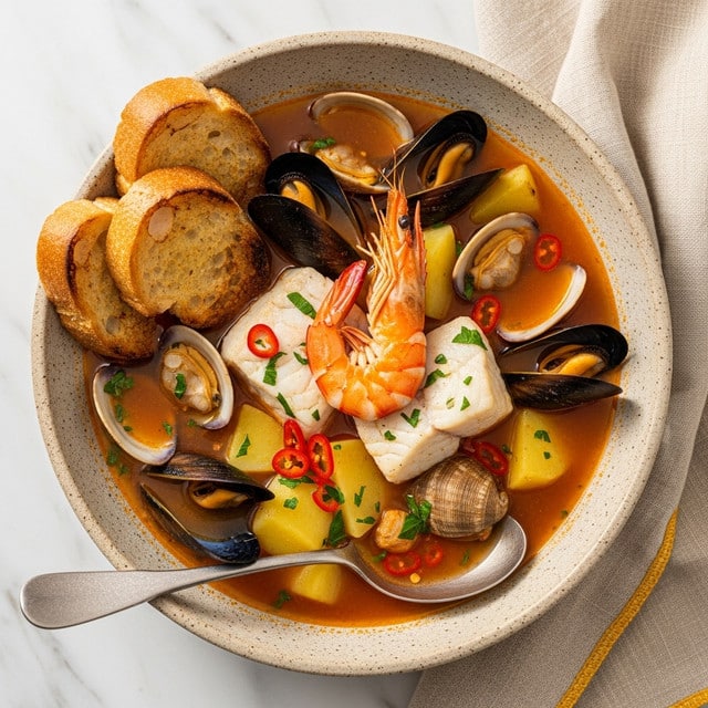A bowl of seafood stew with a clear golden broth fills a speckled light bowl, placed on a white marbled surface. The stew has one large orange shrimp centrally placed, surrounded by black mussels with open shells, light beige clams, and pieces of white fish. Yellow potato chunks and thin red saffron threads float in the broth, along with bits of green herb. Two toasted slices of crusty brown bread rest on the left edge of the bowl, partly dipped in the broth. A silver spoon sits inside the bowl at the bottom right, with a piece of fish on it. A beige linen napkin with yellow edges lies folded on the right side. Photo taken with an iphone --ar 4:5 --v 7