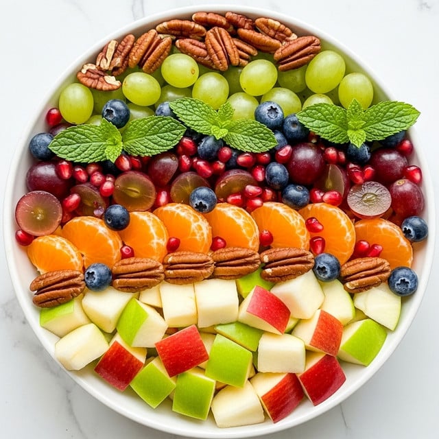 A white bowl filled with a colorful fruit salad showing many layers of fresh fruit pieces. The bottom layer has green and red apple chunks with white insides and red skins, along with bright orange mandarin segments. Scattered among these are deep red grape halves and light green whole grapes. On top, there are shiny red pomegranate seeds, small dark blue blueberries, and bright green mint leaves for color contrast. The salad also includes pecan halves with a rich brown texture, adding a crunchy layer. Everything rests on a white marbled surface. photo taken with an iphone --ar 4:5 --v 7
