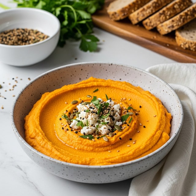 A bowl filled with bright orange creamy hummus made smooth and swirled in two thick, round layers, topped in the center with a small pile of white crumbled cheese sprinkled with dark toasted seeds and green herb bits, all set in a light gray speckled ceramic bowl on a white marbled surface. In the background, there is a white bowl with more toasted seeds and a wooden board holding several slices of multigrain bread, and fresh green herbs lie next to the bowl. A soft white cloth is placed beside the bowl. Photo taken with an iphone --ar 4:5 --v 7