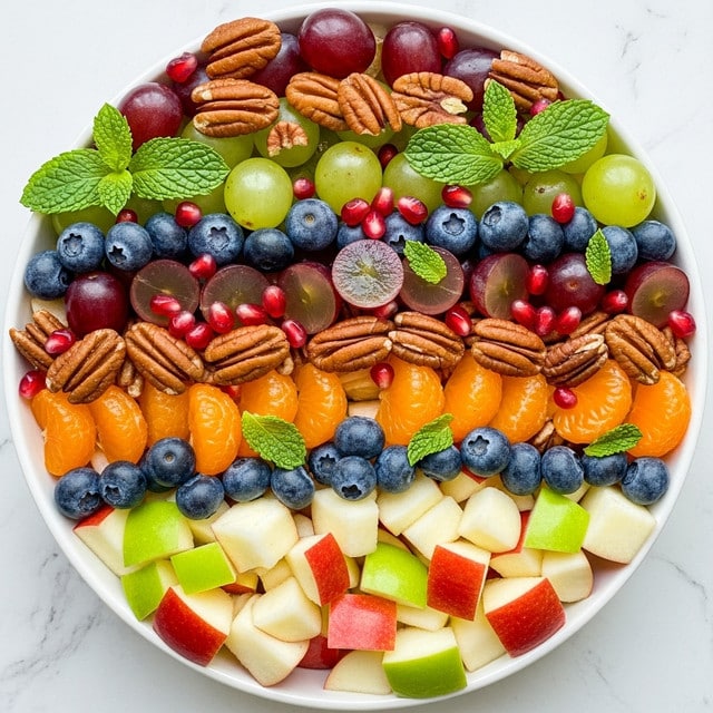 A white bowl filled with a colorful fruit salad showing several layers and textures. At the bottom are chunks of green and red apples with a firm texture, mixed evenly throughout. Scattered on top are bright red pomegranate seeds adding a jewel-like shine and small round blueberries in dark blue. Larger pieces of green grapes and red grapes add round shapes and juicy texture spread around the bowl. Orange segments with a bright citrus color are placed in the mix, adding a fresh look. Small brown pecan halves are visible on top, giving a crunchy texture. Fresh green mint leaves are layered on top for a touch of brightness and freshness. The bowl sits on a white marbled texture surface with a slight view of pecans on the side. photo taken with an iphone --ar 4:5 --v 7